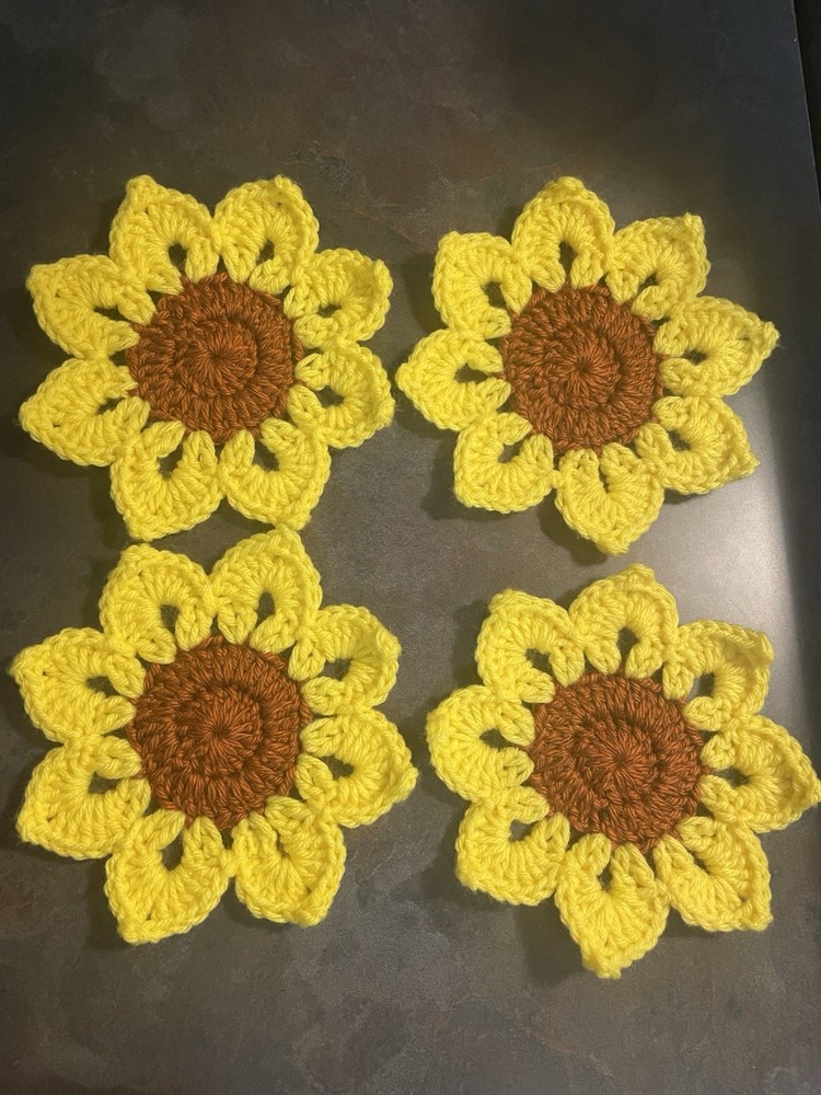 Handmade Crochet Sunflower Coasters With Holder