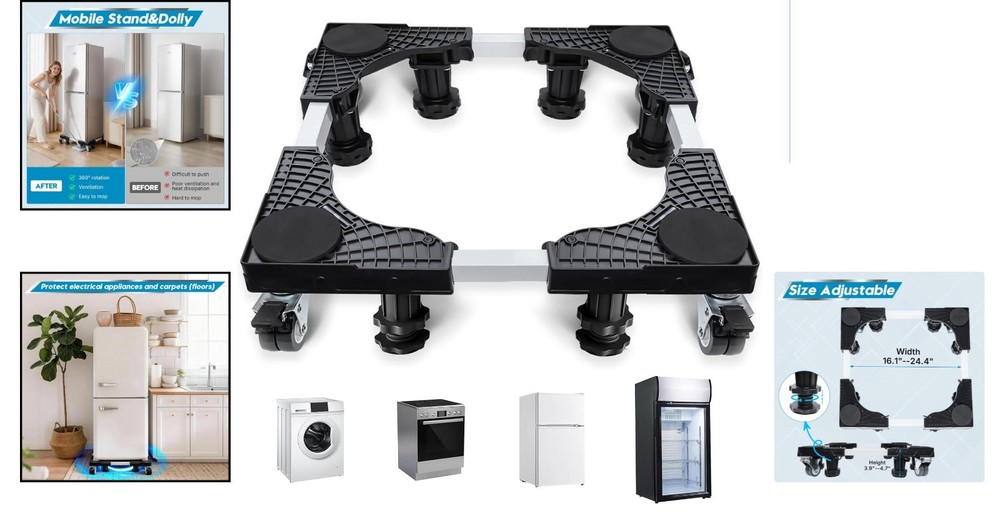 Adjustable 16-24in Mobile Fridge Stand & Dolly with Locking Wheels, 600lb Cap