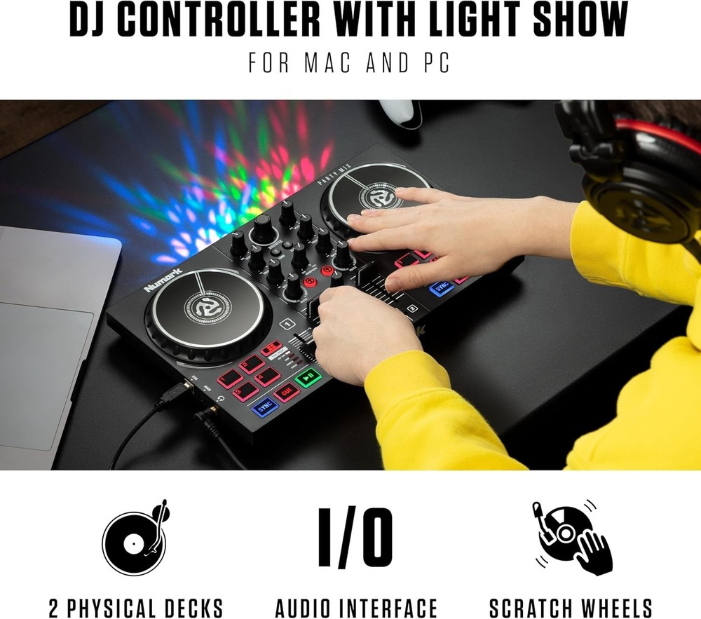 Party Mix II DJ Controller with Lights, 2 Decks, Mixer, Audio Interface and