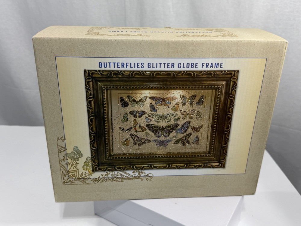 CRACKER BARREL SNOW GLOBE BUTTERFLIES GLITTER ILLUMINATED GOLD PICTURE FRAME
