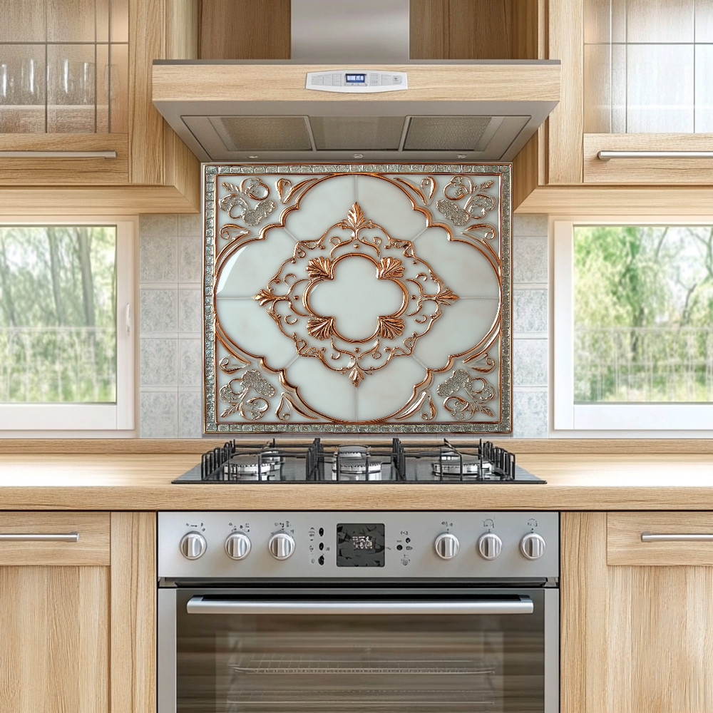 Glass Backsplash, Pattern Tile Look One Piece Tempered Glass Kitchen Splashback