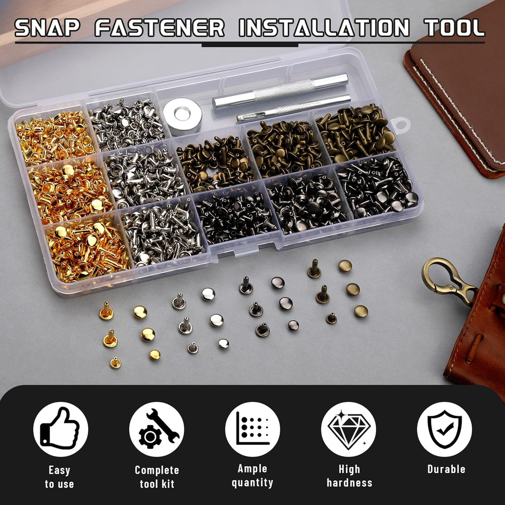 540 PCS Leather Rivets, 3 Different Sizes Double Cap Rivets Kit with Leather Riv