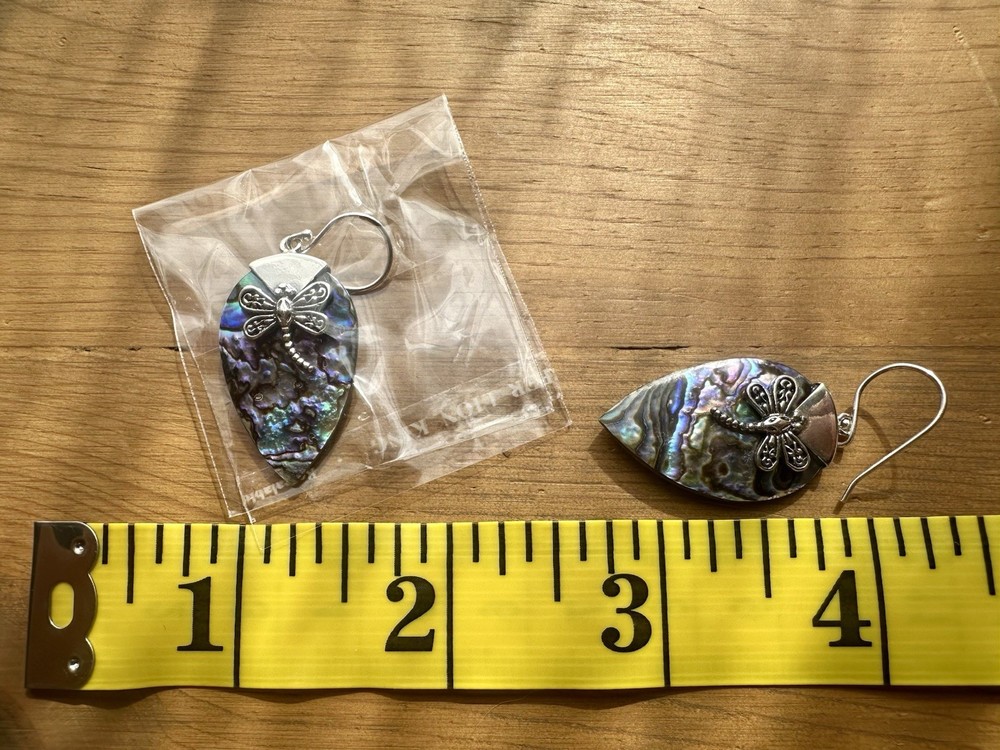 Handcrafted Abalone Teardrop Dangle Earrings Sterling Silver Dragonfly