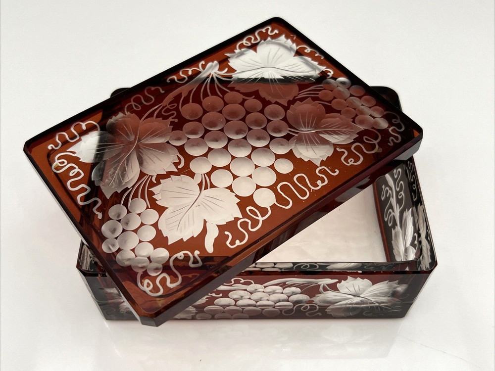 Vintage Ruby Stained Cut Glass Engraved Grape Vine Lidded Glass Cigarette Box