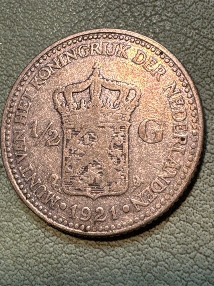 NETHERLANDS 1/2 GULDEN 1921 KM#160 Silver