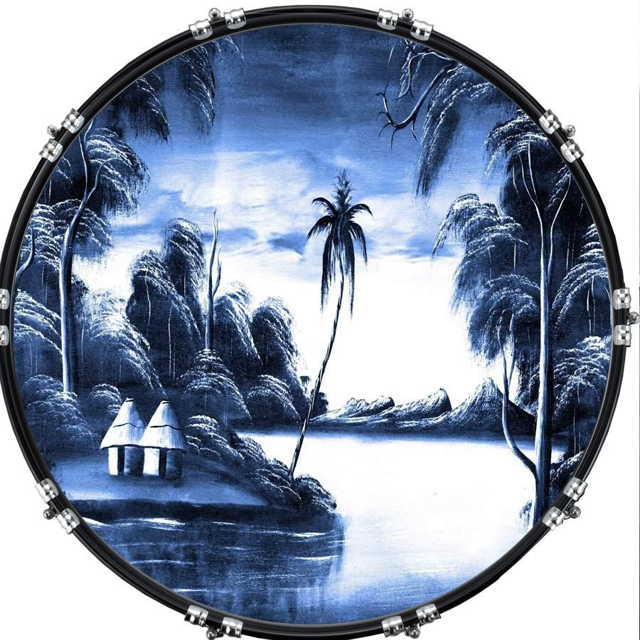 20" Custom Bass Kick Drum Front Head Graphic Graphical Tikki Huts Blue
