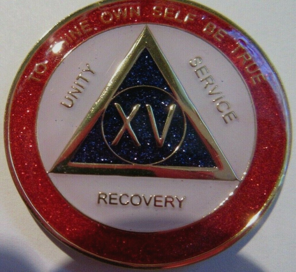 RED White BLUE SPARKLE Alcoholics Anonymous 15 Year AA Medallion Coin Token chip