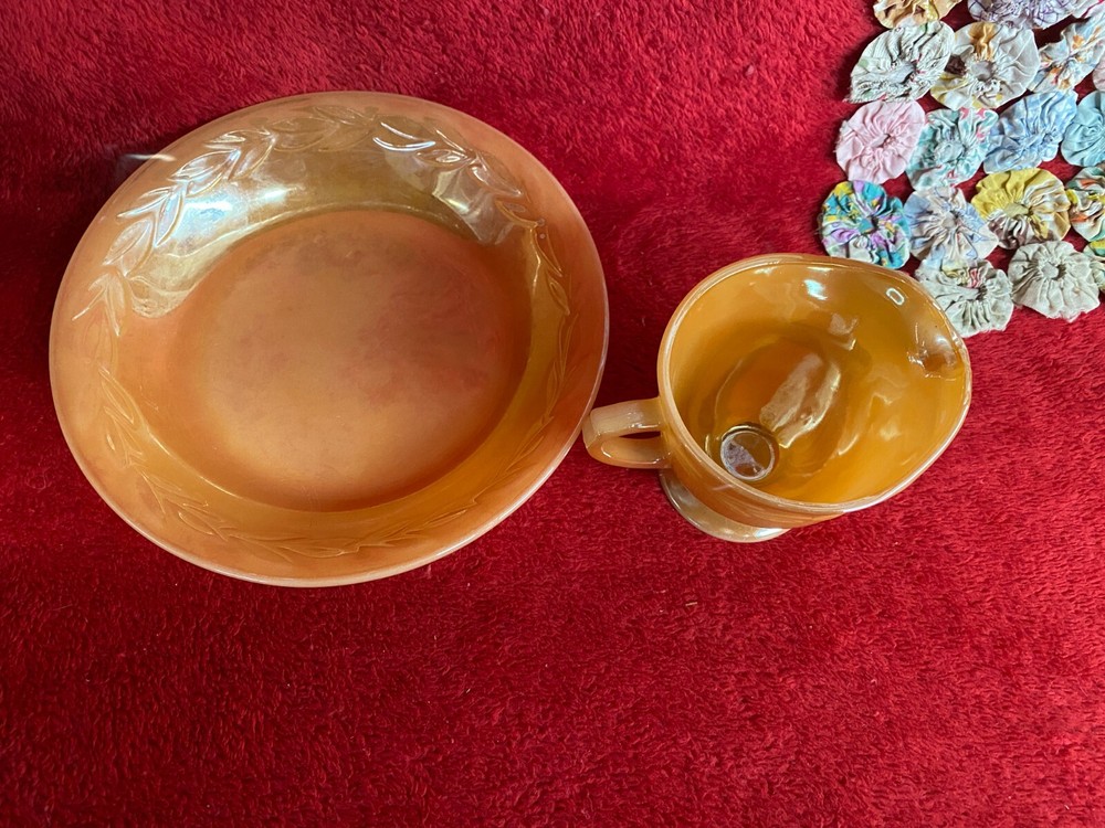 Vintage Fire King Peach Lusterware Glass Creamer & Bowl Laurel Leaf Pattern