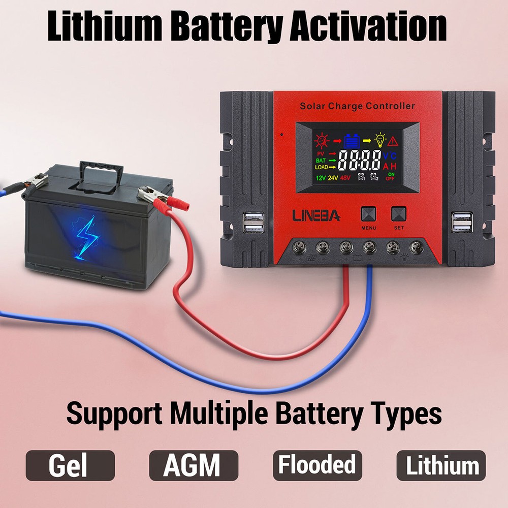 Battery Solar Charge Controller 100A 60A 30A PWM 12V 24V Power Panel Regulator
