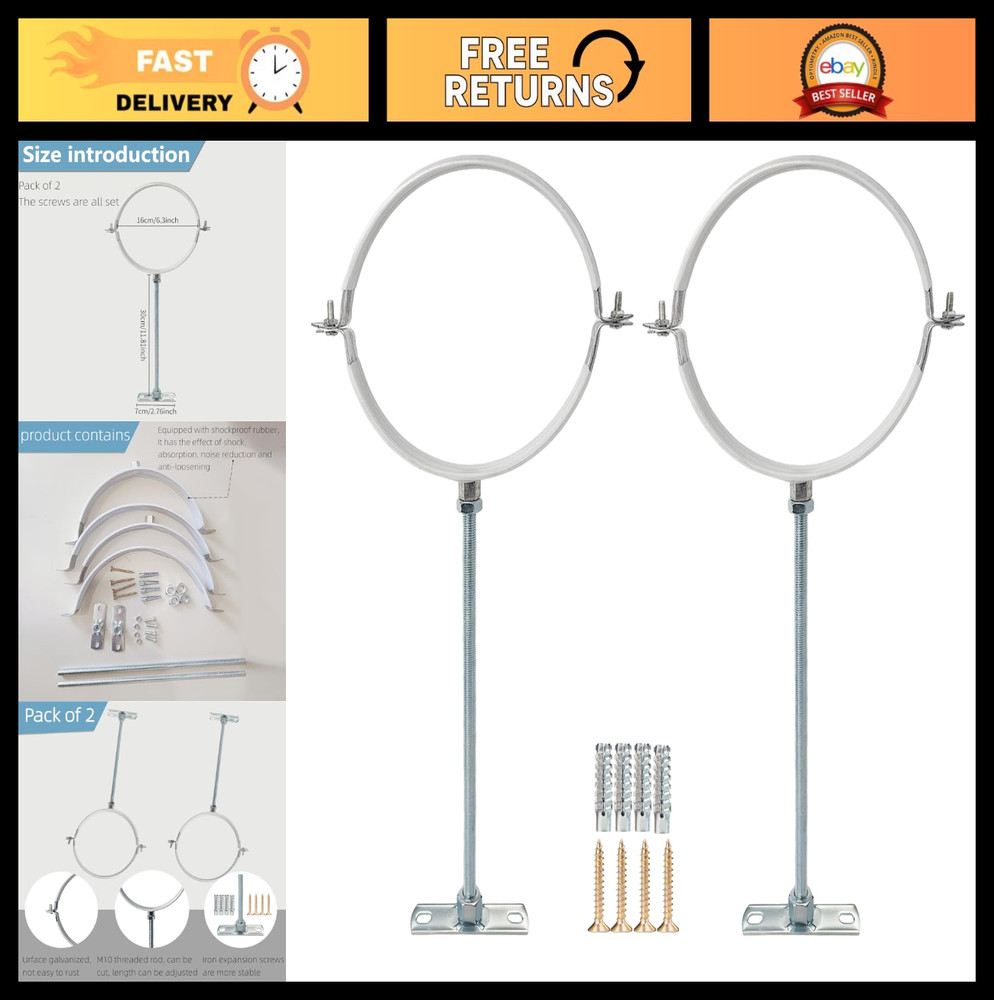 6" Adjustable Pipe Bracket Set - Heavy Duty Galvanized Iron Hanger Strap, Wall S