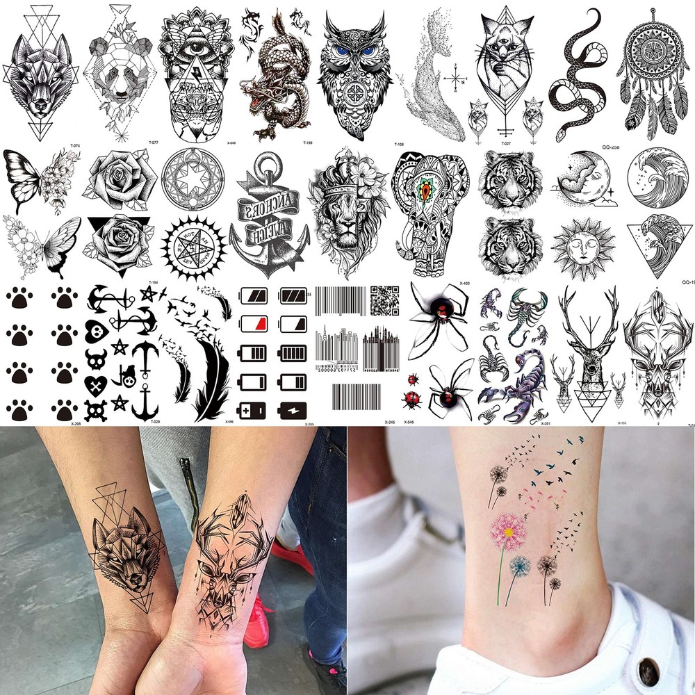 COKTAK 66 Sheets Small Black Animals Temporary Tattoos For 10x6CM,