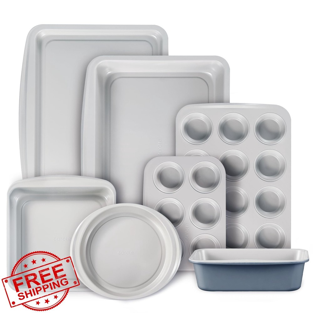 CAROTE 7pc Nonstick Stackable Baking Pans Set, Gray/Blue Bakeware