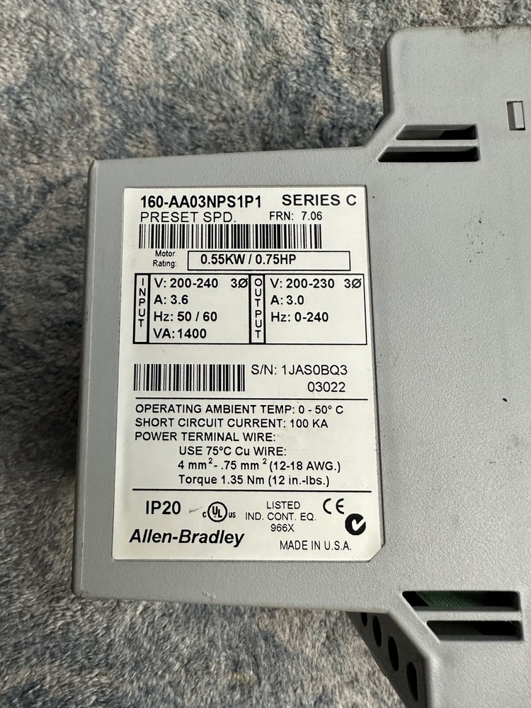 Allen Bradley Variable Speed Controller 160-AA03NPS1P1 Series C