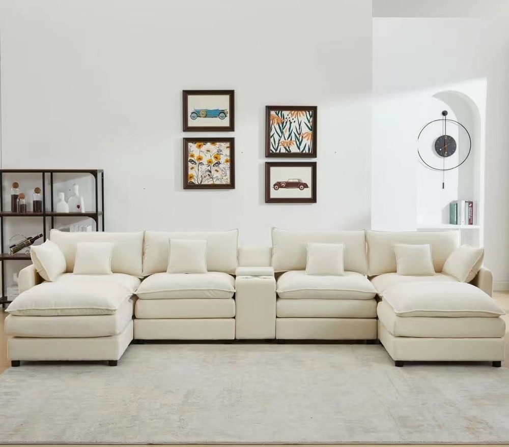 145" U Shaped Sectional Sofa Cloud Couch W/ Console USB Charging Port Cup Holder