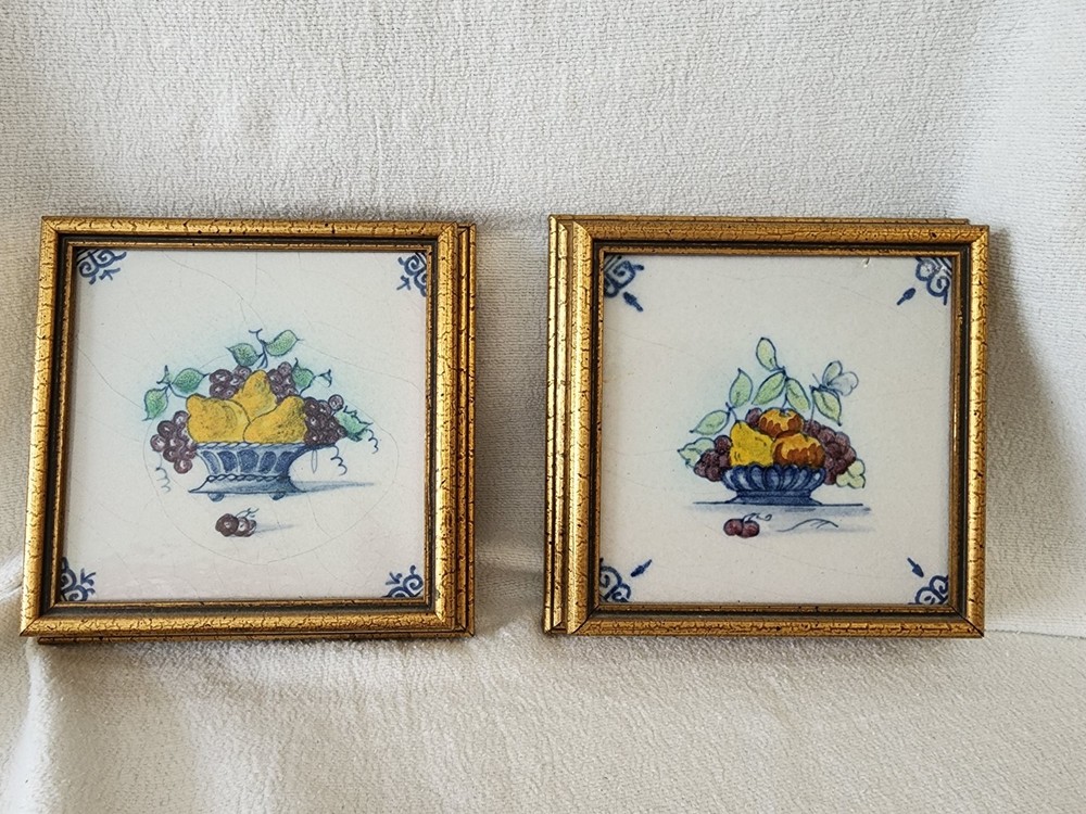 Vintage Framed Ceramic Fruit Tiles Pair Glazed Multicolor Wall Decor