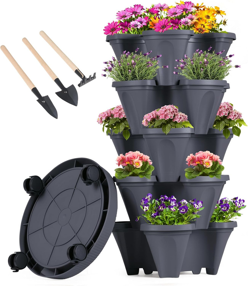 Vertical Planter Tower - 5 Tier Stackable Garden Planters with Wheels and Tools