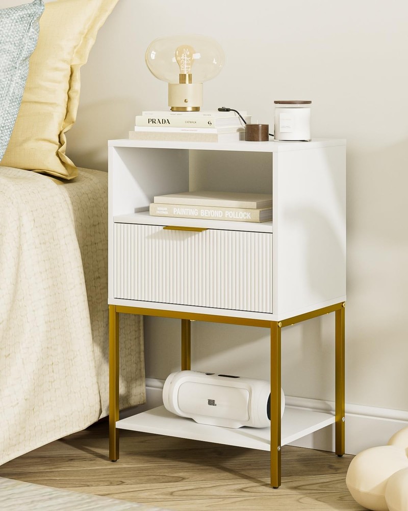 Nightstand Modern Bedside Table W/ Gold Frame 25.51''H End Table,White Night
