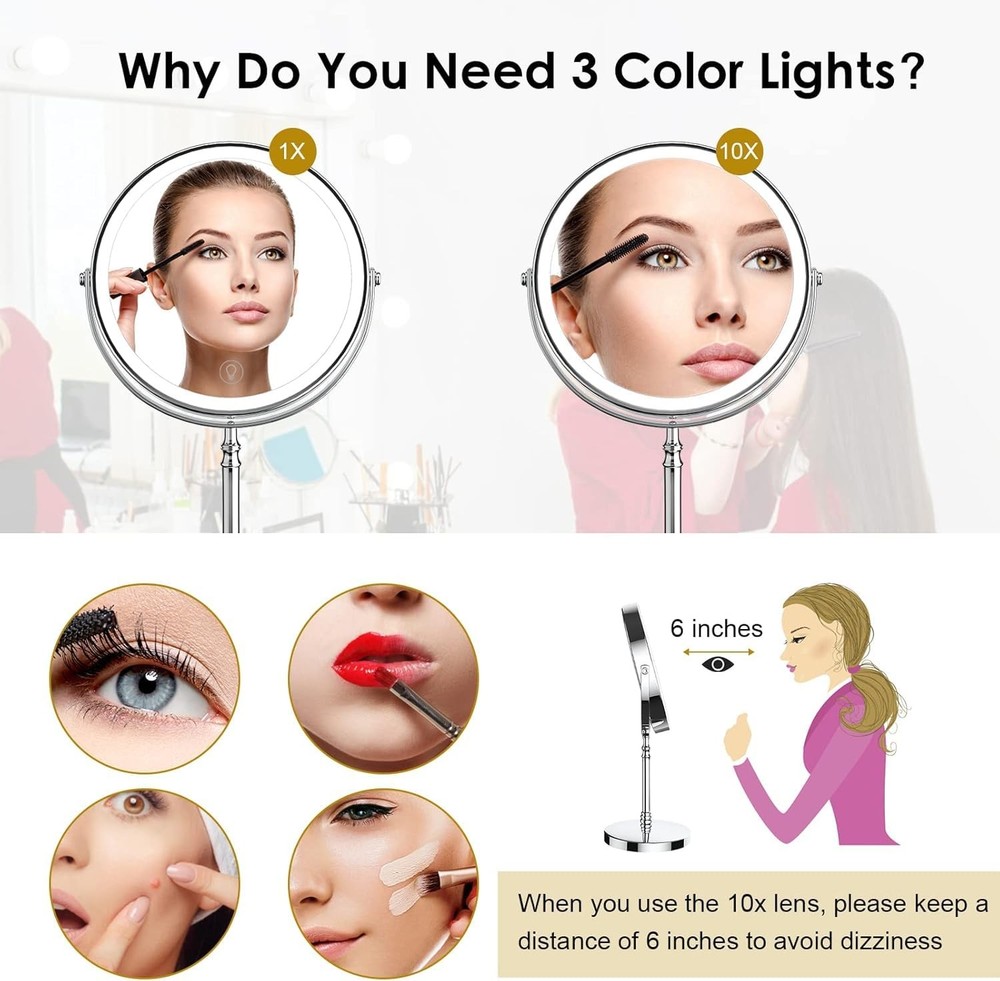 Makeup Mirror, 3000mAh Rechargeable Double-Sided Magnifying Vanity Mirror wit...
