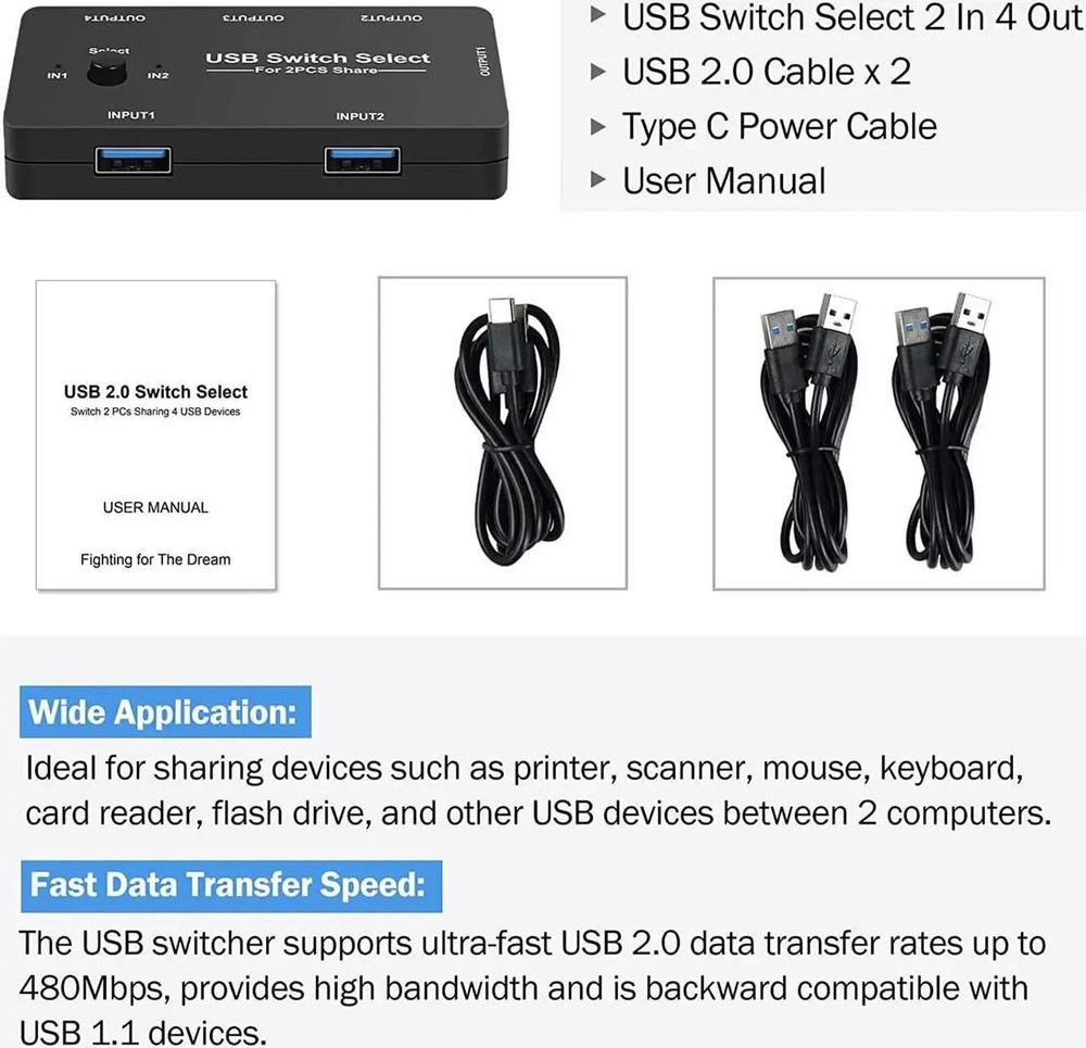 USB Switcher Selector 2 Computers Sharing 4 USB Devices KVM Switcher 2513