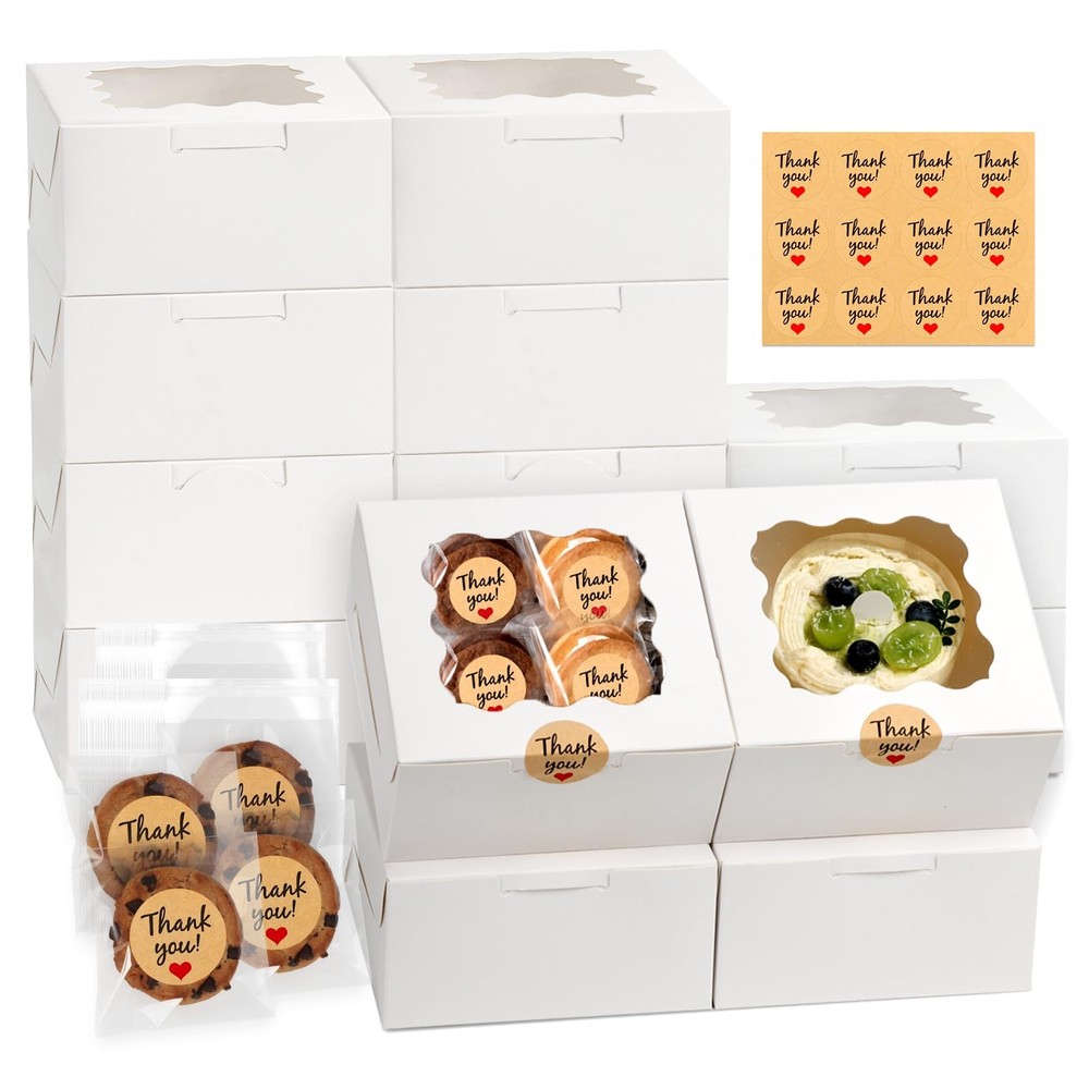 12 Pcs Cookie Boxes with Window, 6x6x3 Inches White Bakery Boxes