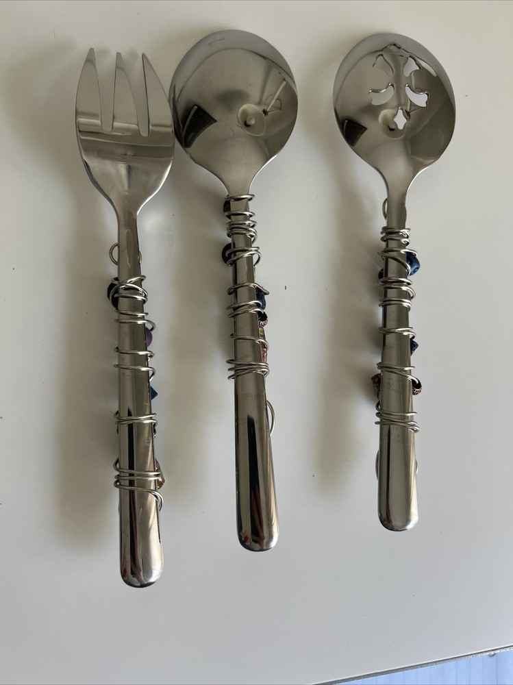 Fancy Spoon Fork Serving Utensils Bead Rock Wire Wrapped Slotted Salad Gemstone