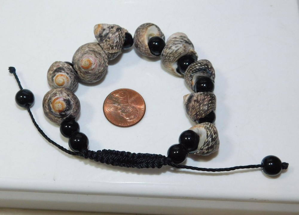 Snail Seashell Black Bead Pull Cord Adjustable Bracelet 7k 47