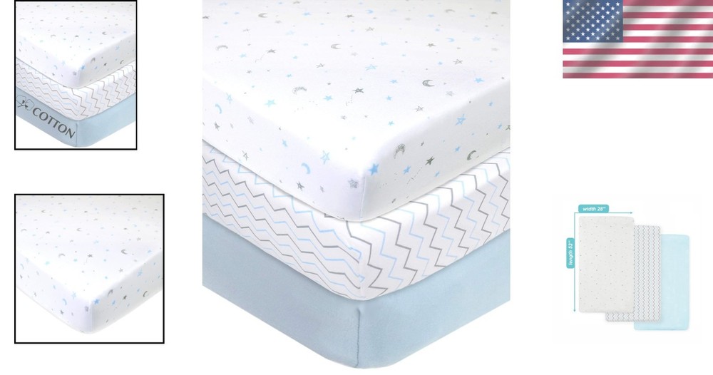 3-Pack Cotton Crib Sheets, Blue Star/Zigzag