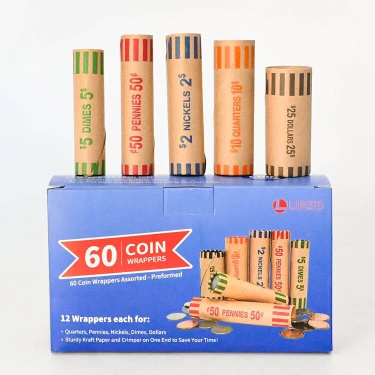 L LIKED Preformed Coin Roll Wrappers (60 Assorted) -12 Quarters, 60 Assorted