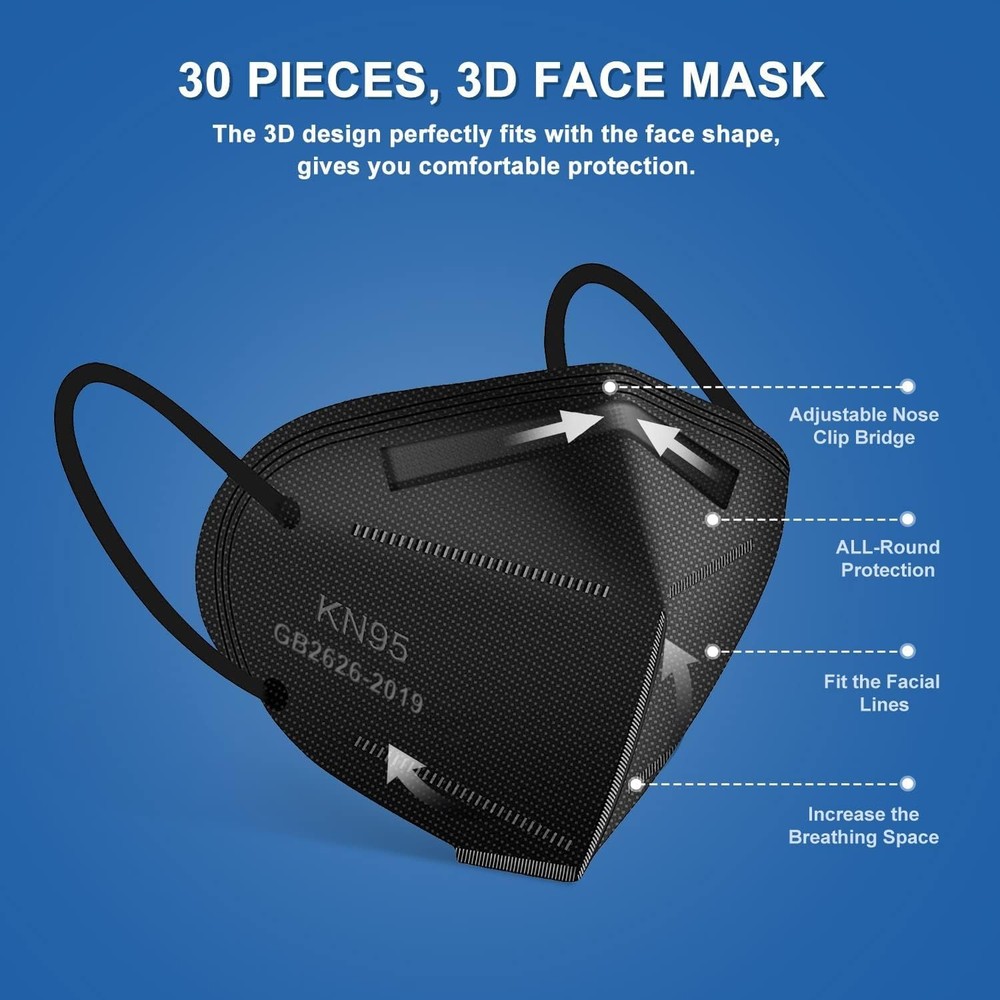 OPECTICID KN95 Face Mask 50 Pack Black, Breathable 5-Layer Filter, Disposable
