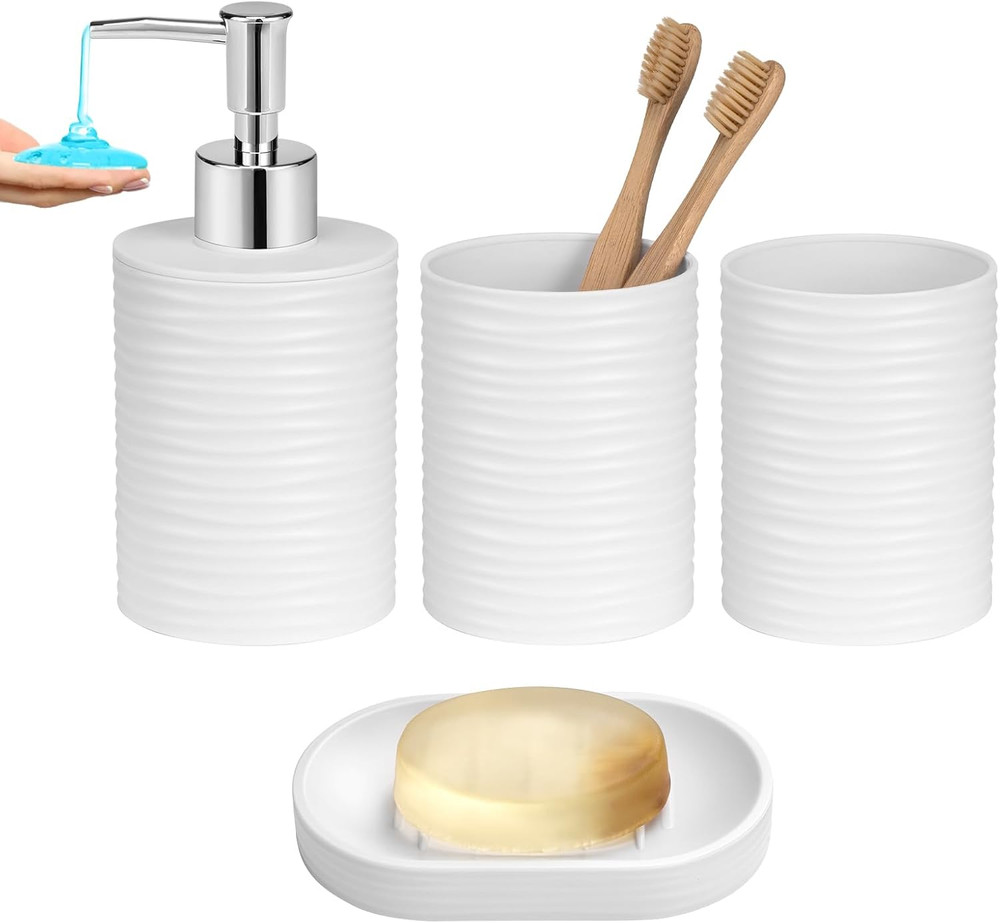 Plastic Bathroom Accessories Set 4Pcs, White Bathroom Accessory Set Includes Liq