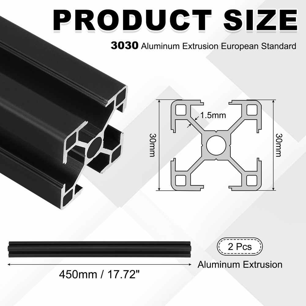 2Pcs 450mm 3030 Aluminum Extrusion Profile, Anodized Linear Rail, Black