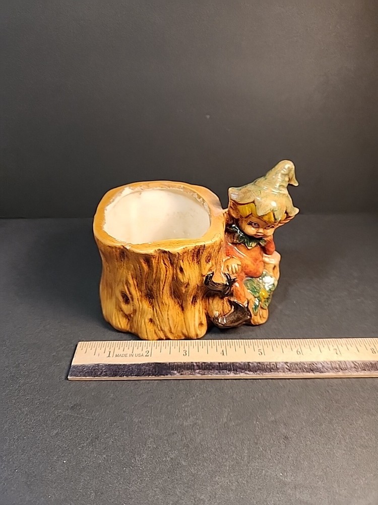 Vintage Ceramic Pixie Elf Tree Stump Planter Woodland Forest Succulents