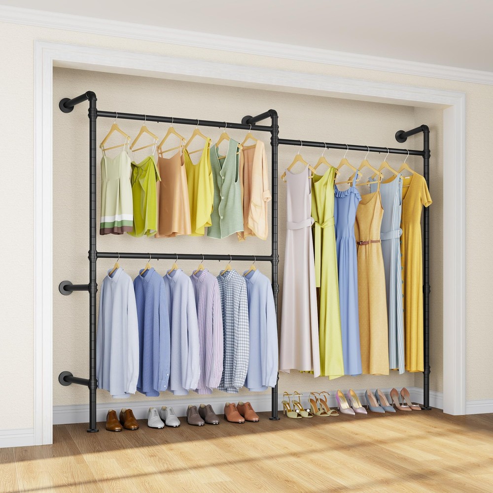 P2 Industrial Pipe Clothes Rack, Wall Mounted Open Closet System with 3 Hangi...