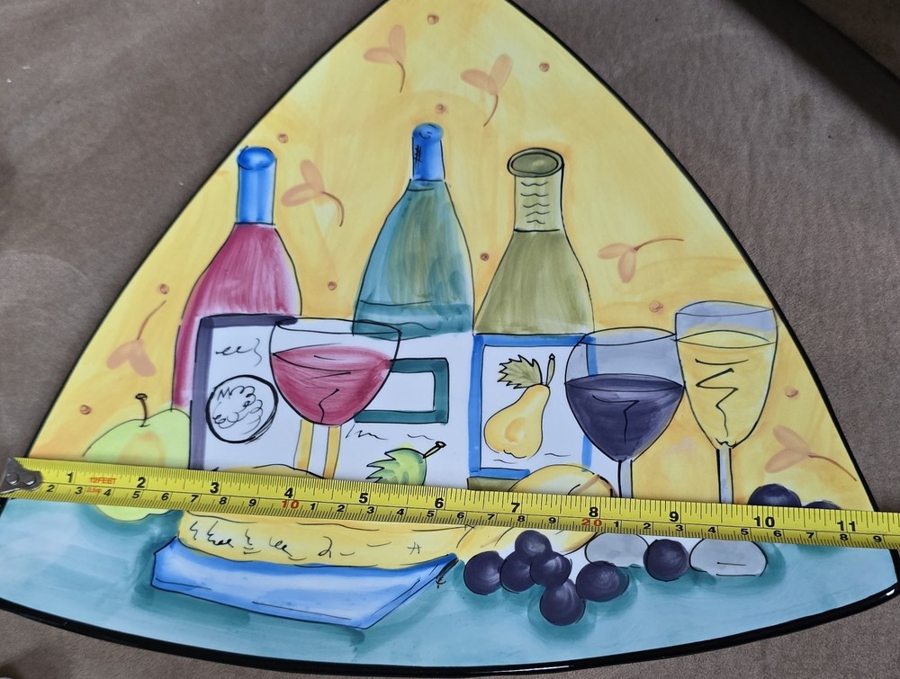 10½" HausenWare Ceramic Triangle Platter Cheese & Wine Painted Design