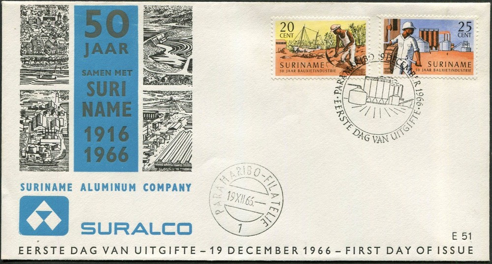 Suriname #341-342 Suralco 50th Anniversary FDC 1966 Bauxite Paramaribo Postmark