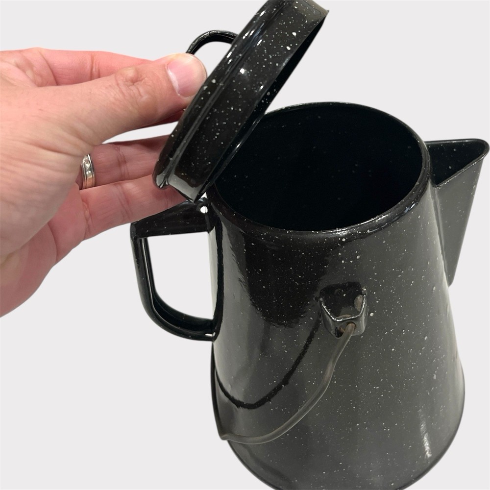 Enamelware Camping Coffee Percolator Pot Black & White Speckle 8 cup Dbl Handle