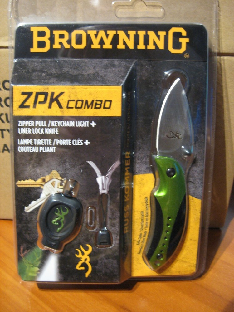 Browning ZPK Combo Liner Lock Folding Knife & Key Chain Zipper Pull With Light