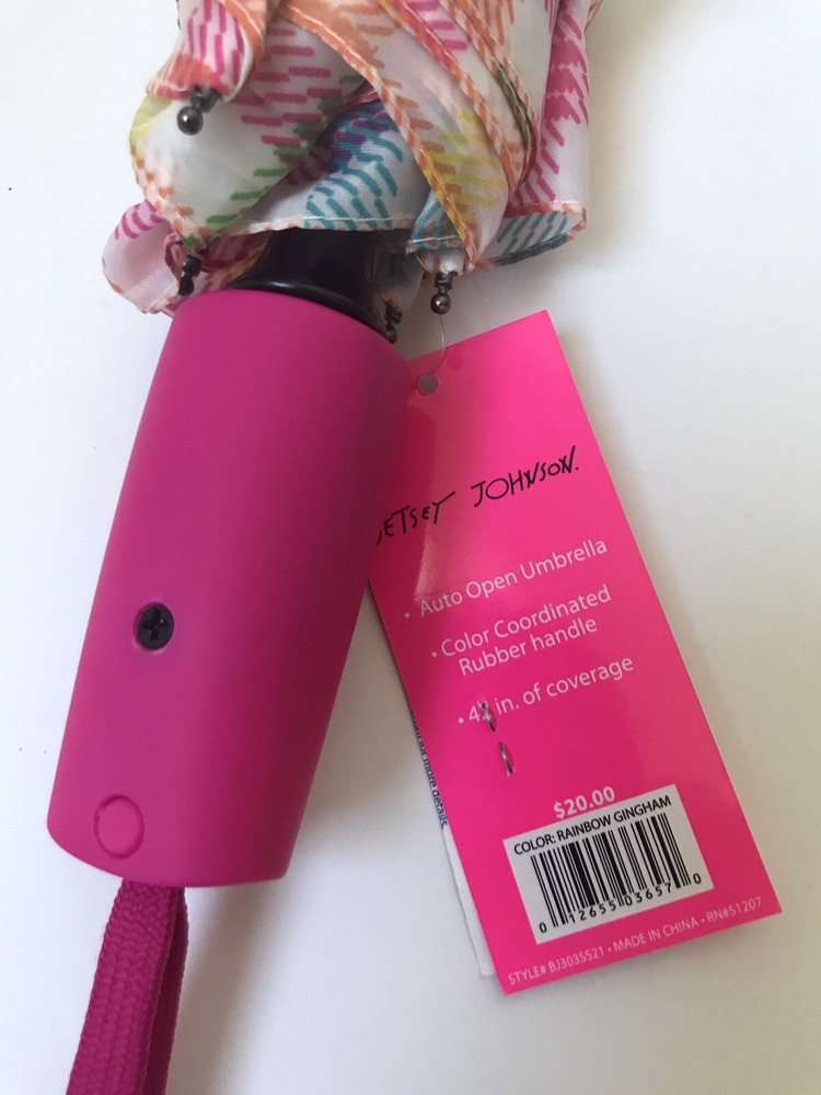 BETSEY JOHNSON MULTICOLORED RAINBOW GINGHAM COMPACT AUTO OPEN UMBRELLA NWT