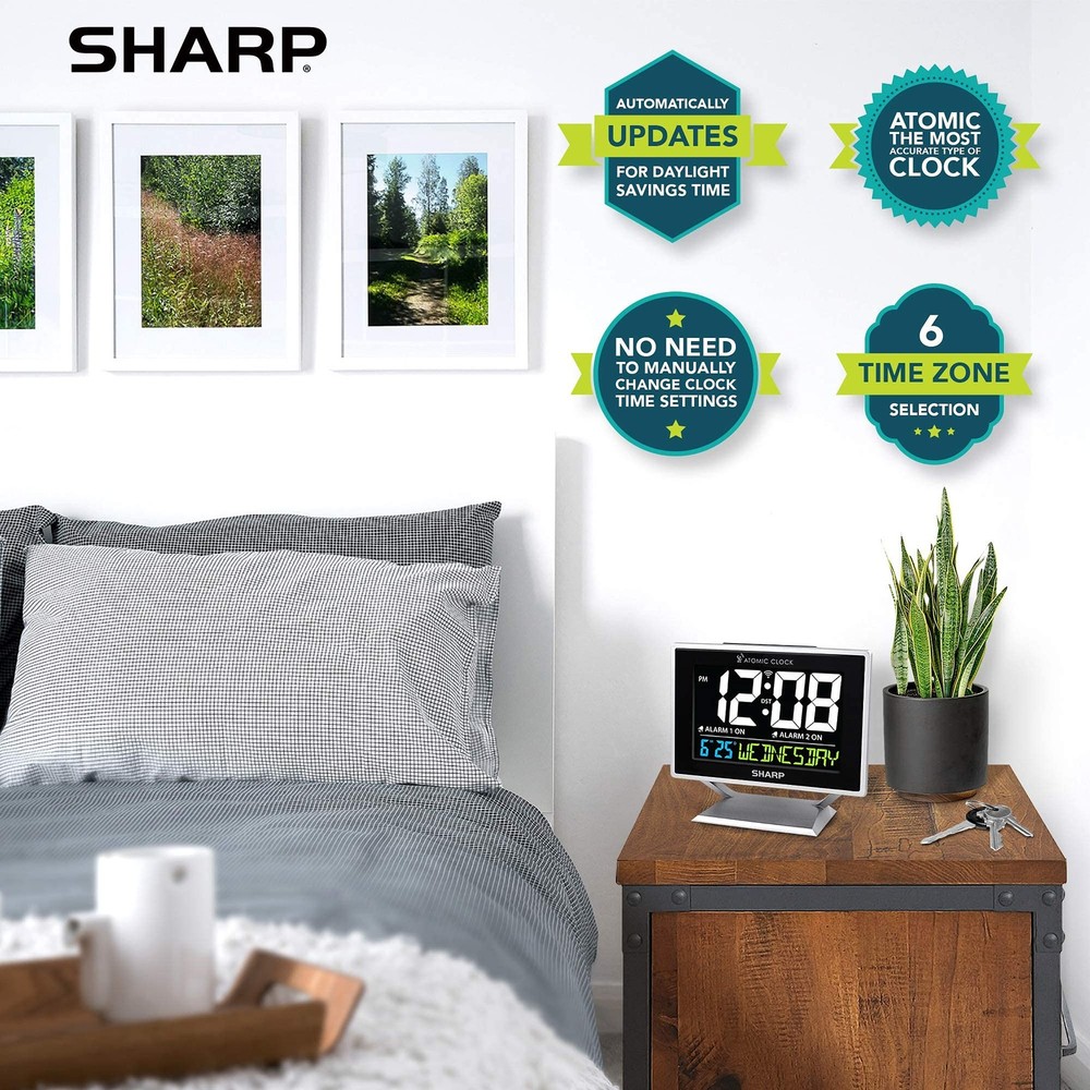 Sharp Desktop Dual Alarm Clock with Color Display - Atomic Small, Silver