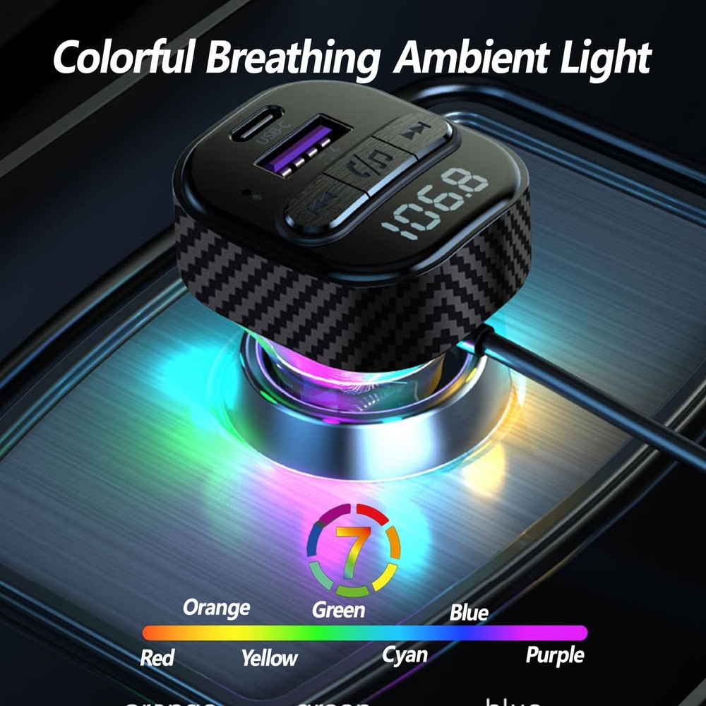 Bluetooth 5.3 FM Transmitter for Car, Car Adapter with Cable-Black