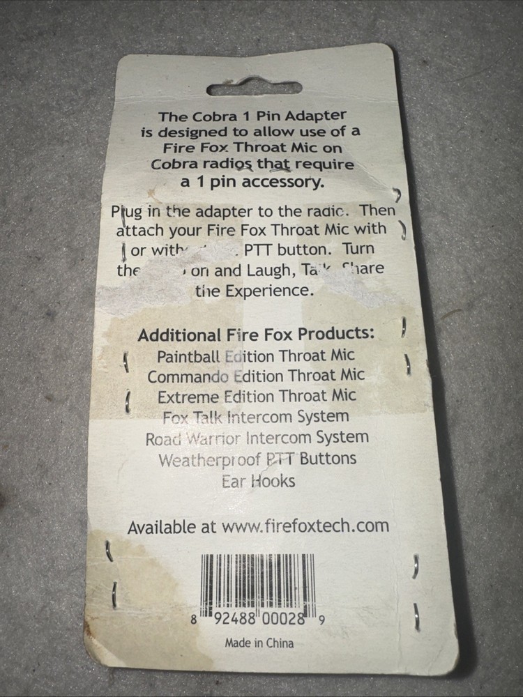Cobra 1 Pin Adapter For Fire Fox Throat Mics