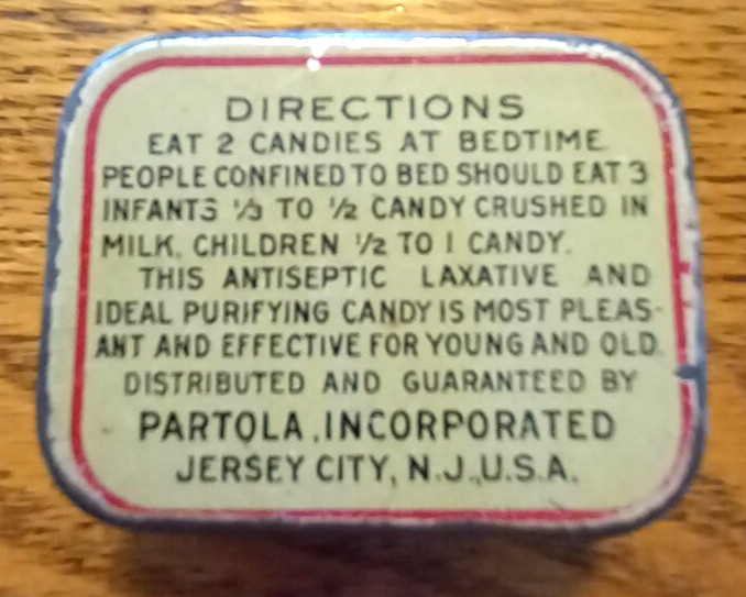 PARTOLA MINT CANDY LAXATIVE BOX "The Doctor in Candy Form"