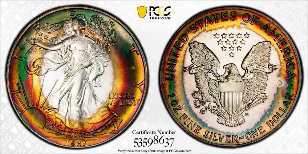 1987 PCGS MS68 American Silver Eagle Dollar $1 - Incredible Bullseye Toned