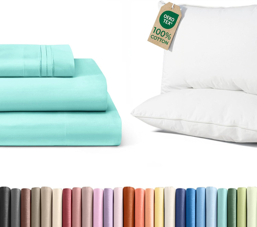 Twin Sheet Set & 2 Queen Cotton Bed Pillows - 3 Piece Set