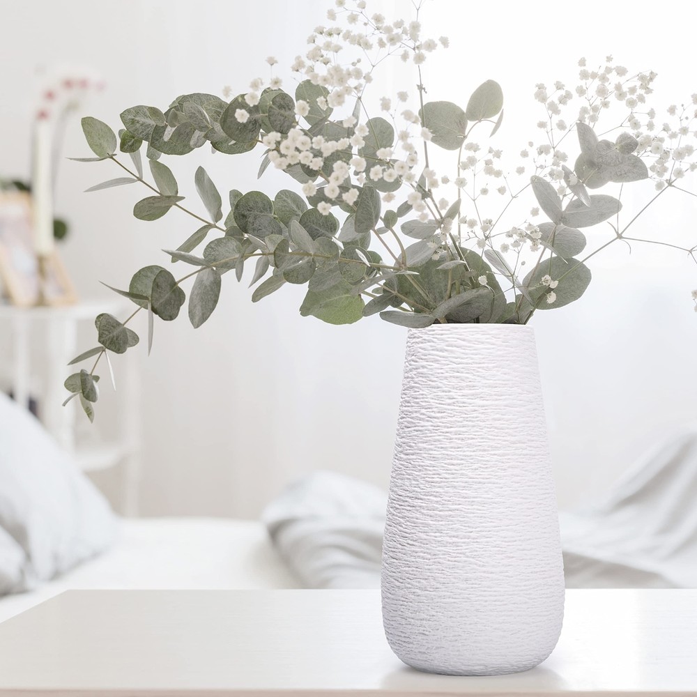 D'vine Dev 12 Inch Textured White Elegant Oval Ceramic Vase for Flowers, Home...