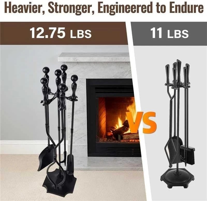 5 Pcs Fireplace Tools Set 31 Inch Indoor Black Handle Wrought Iron Large Fire...