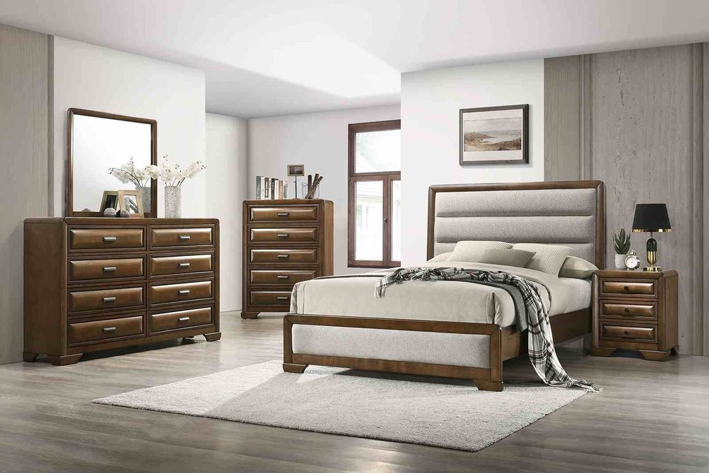 Transitional Style Queen Size 6pc Bed Set Bracket Leg Padded Headboard Footboard