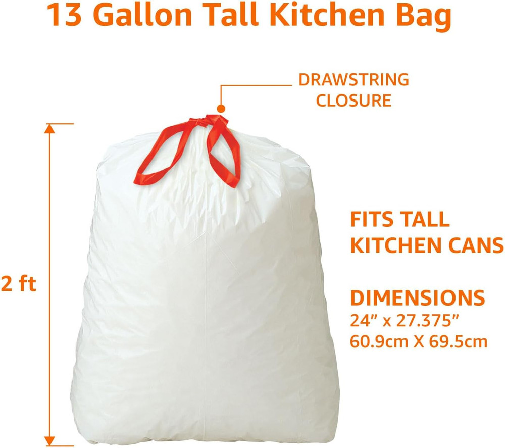 Tall Kitchen Drawstring Trash Bags, Clean Fresh Scent, 13 Gallon, Odor Control,