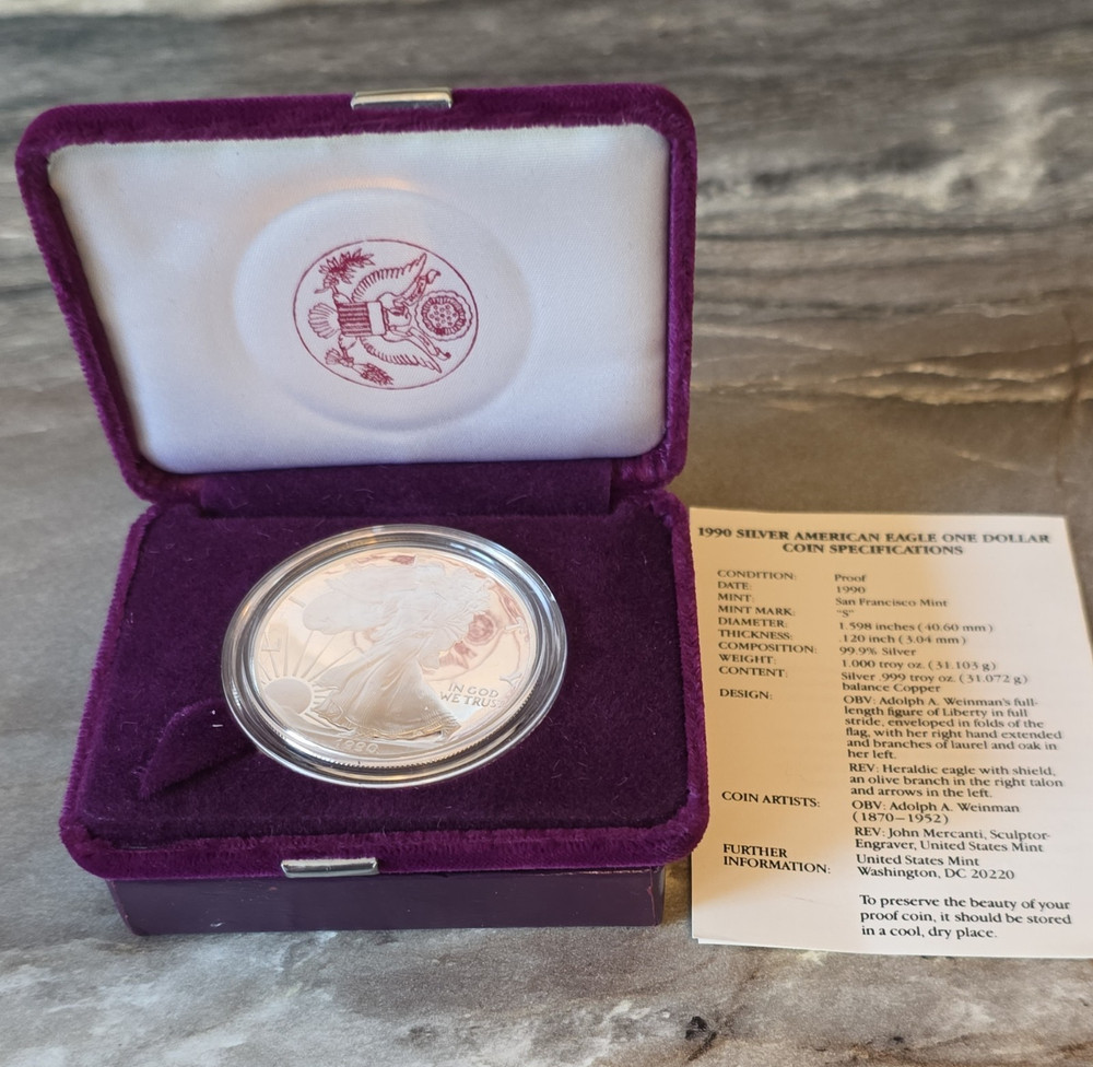 American Eagle Silver Dollar Proof 1990 San Francisco Mint w/ Case & Certificate