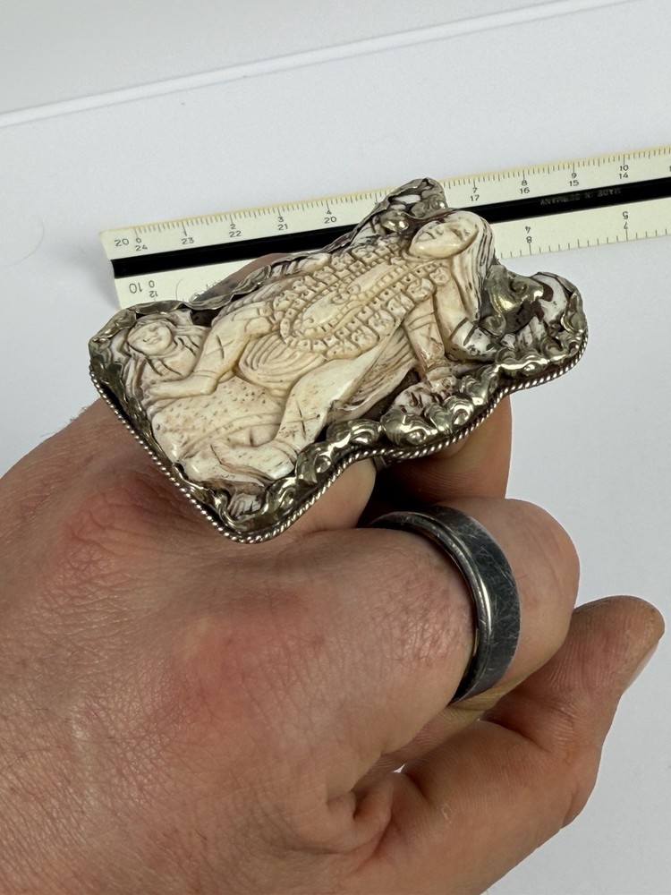 Handmade Nepalese Kali Goddess Bone & Silver Ring – Adjustable, 34.67g